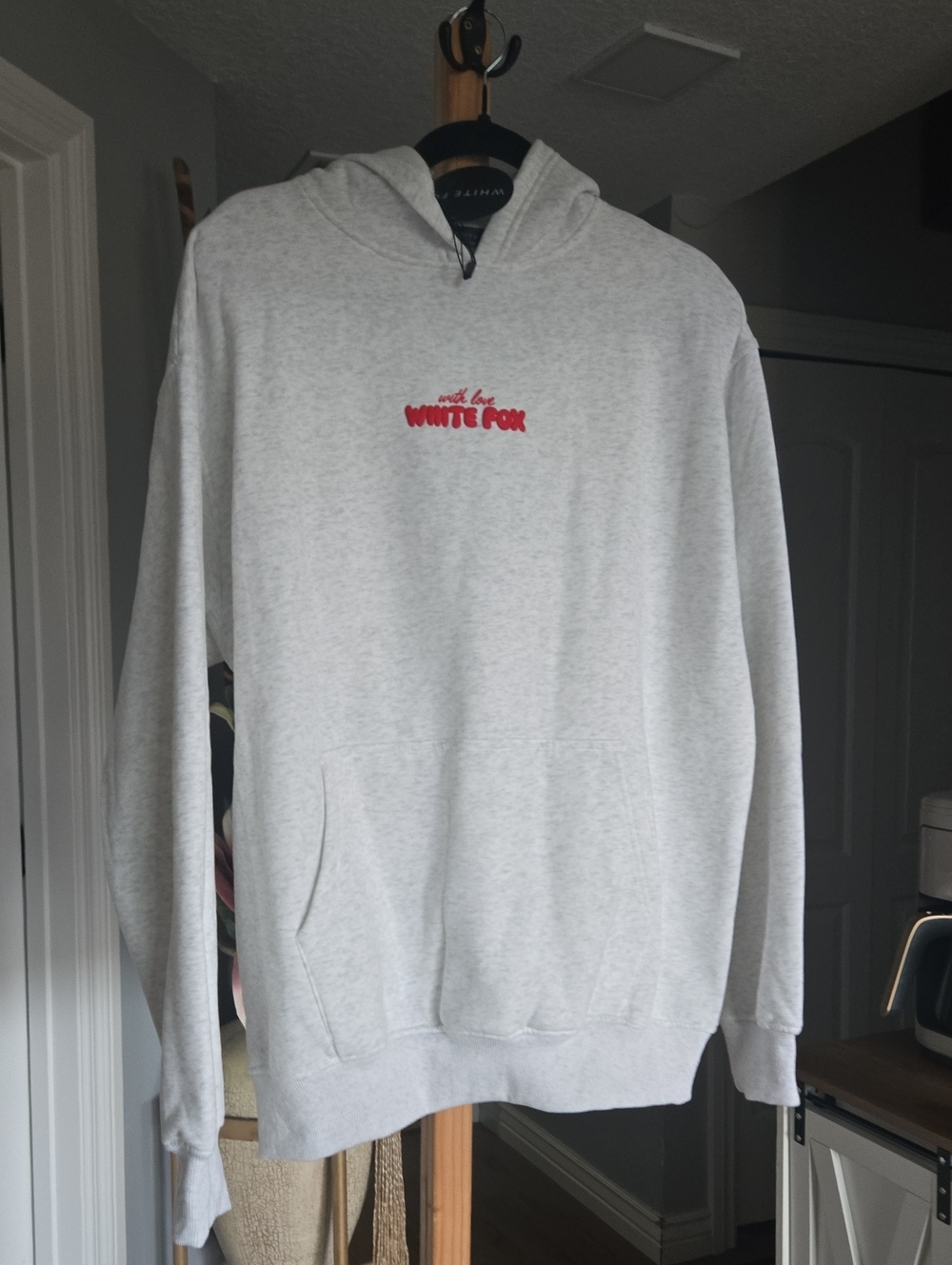 White Fox Boutique Light Gray Hoodie with Red Logo